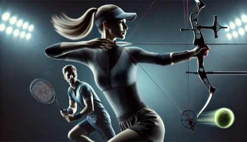 Illustration dynamique représentant une femme pratiquant le tir à l'arc et un homme jouant au badminton sous des projecteurs, reflétant l'énergie des sports mixtes soutenus par Le Croisic Sport Actu.