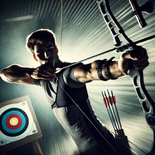 Un archer en pleine concentration, visant une cible sur un terrain extérieur.