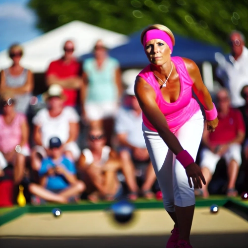 Une femme lançant une boule de boules lyonnaises, concentrée, avec des spectateurs en arrière-plan.