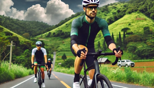 Cyclistes parcourant une route vallonnée entourée de collines verdoyantes sous un ciel nuageux.