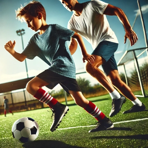 Un enfant jouant au football, accompagné d'un adulte sur le terrain.