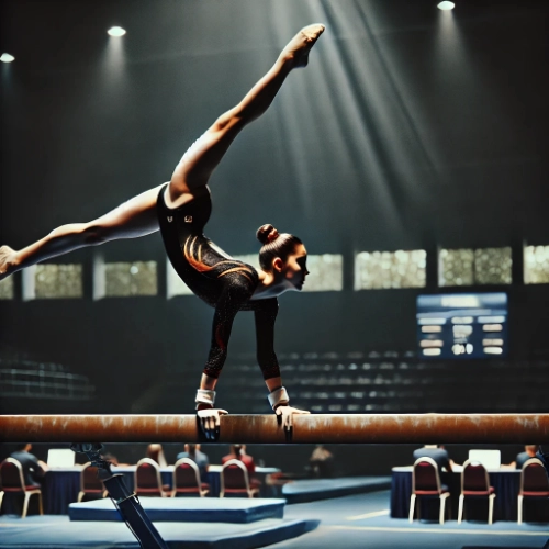 Une gymnaste en équilibre sur une poutre, exécutant une figure acrobatique avec grâce, dans une salle de compétition.