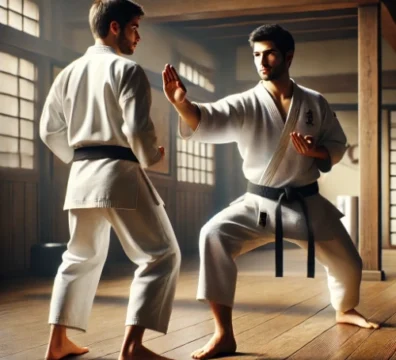 Deux hommes en kimono pratiquent des mouvements de karaté dans un dojo traditionnel, symbolisant l'engagement et la discipline associés aux sports et associations.