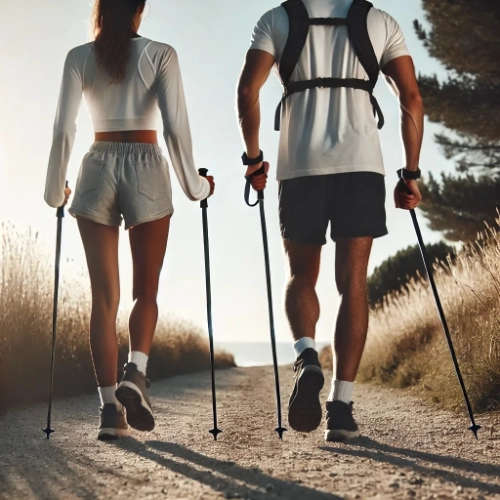 Deux personnes pratiquant la marche nordique, portant des bâtons, sur un chemin en pleine nature.