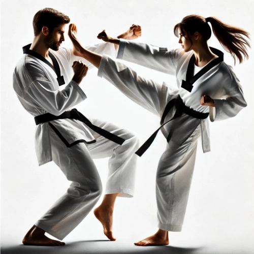 Deux pratiquants de taekwondo en pleine démonstration de techniques de combat, l'un effectuant un coup de pied.