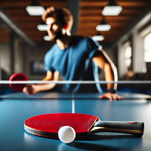 Une raquette de tennis de table et une balle au premier plan, avec un joueur en arrière-plan prêt à servir.