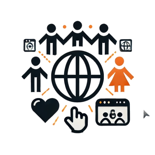 Illustration représentant la promotion du sentiment de communauté et de la connexion en ligne à travers des symboles de personnes, globe terrestre, cœur et réseaux sociaux, avec l'appui de Le Croisic Sport Actu.