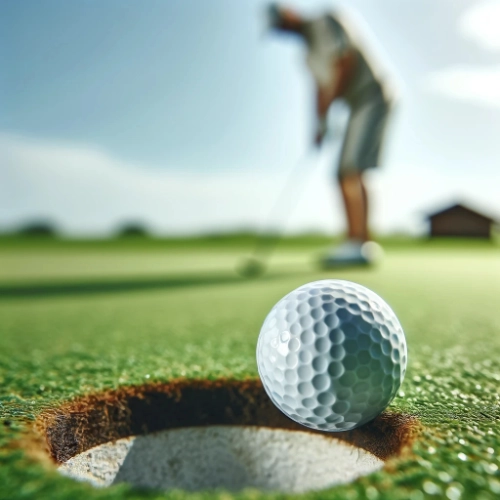 Une balle de golf près d'un trou sur un parcours, avec un golfeur en arrière-plan prêt à putter.