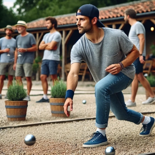 Un homme lançant une boule de pétanque, avec des amis en arrière-plan, dans un cadre convivial.