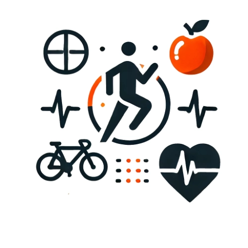 Illustration représentant un mode de vie actif et sain avec des symboles de course à pied, vélo, nutrition et battements de cœur, promu par Le Croisic Sport Actu.