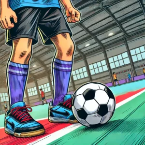 Enfant de 9 ans se tenant près d'un ballon de futsal noir et blanc sur un terrain de futsal intérieur, dans un style bande dessinée, lors d'un entraînement de futsal au Croisic.