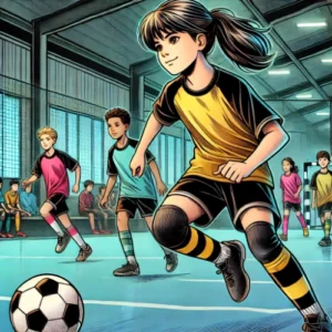 Enfant jouant au futsal sur un terrain indoor au Croisic, avec un groupe d'autres jeunes joueurs en arrière-plan.