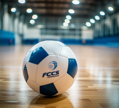 Un ballon de futsal posé sur un terrain intérieur avec des lignes visibles, dans un gymnase au Croisic.
