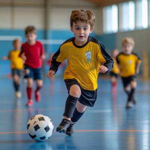 Enfant jouant au futsal sur un terrain intérieur au Croisic, en action avec un ballon de futsal.
