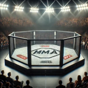Vue réaliste d’une cage de MMA dans une arène professionnelle, entourée de projecteurs et d’un public en effervescence.