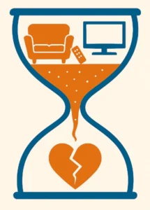 Sablier illustrant les effets de la sédentarité sur la santé cardiaque, avec un fauteuil, une télécommande, une télévision et un cœur brisé.