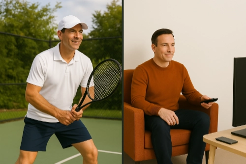 Homme en train de jouer au tennis à gauche, assis devant la télévision à droite, illustrant le contraste entre activité physique et sédentarité.