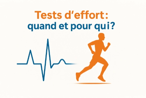 Illustration d’un tracé électrocardiographique bleu à gauche, avec une silhouette orange d’un coureur à droite. Le texte en haut indique : "Tests d’effort : quand et pour qui ?"