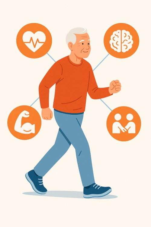 Illustration d’un homme âgé aux cheveux blancs, en train de marcher avec énergie. Quatre pictogrammes entourent sa silhouette : un cœur, un cerveau, un bras musclé et deux personnes qui se serrent la main, symbolisant les bienfaits cardiovasculaires, cognitifs, musculaires et sociaux de l’activité physique.