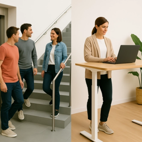 Photo en deux parties : à gauche, trois collègues montent un escalier en discutant, à droite, une femme travaille debout devant un bureau assis-debout. L’ensemble montre des alternatives actives à la sédentarité au travail.