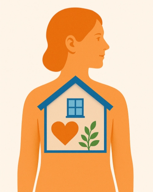 Illustration stylisée d’une femme de profil, orange sur fond clair. Une maison bleue est dessinée sur sa poitrine, contenant un cœur et une plante verte, symbolisant la santé intérieure et l’équilibre.
