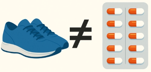 llustration montrant une paire de chaussures de sport à gauche et une plaquette de médicaments à droite, séparées par un symbole « ≠ », symbolisant la différence entre l’activité physique et le traitement médicamenteux.