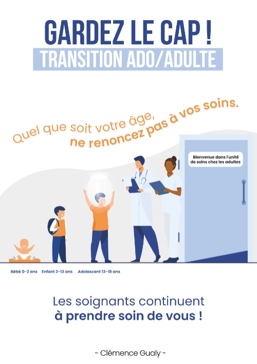 Affiche de Clémence Gualy sur la transition ado/adulte en soins hospitaliers, avec le message : « Quel que soit votre âge, ne renoncez pas à vos soins ».