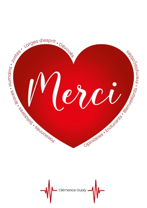 Cœur rouge avec le mot « Merci » au centre et des adjectifs valorisants autour, signé Clémence Gualy, en remerciement pour le soutien à la lutte contre la cardiomyopathie hypertrophique.