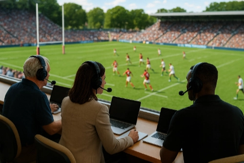 Quatre commentateurs sportifs en cabine de presse lors d’un match de rugby, illustrant l’usage d’anglicismes dans le sport en France.