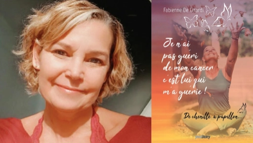 Portrait d’une femme souriante et visuel d’un livre intitulé "Je n’ai pas guéri de mon cancer, c’est lui qui m’a guérie !" de Fabienne De Girardi, avec le sous-titre "De chenille à papillon", illustrant le thème de courir après un cancer.