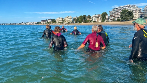 Groupe de longe-côte en marche dans la mer à La Baule