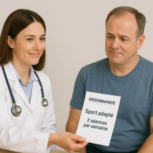 Le sport sur ordonnance : une solution simple, encore sous-utilisée Une médecin tend une ordonnance à un patient. Le document indique : « ORDONNANCE – Sport adapté – 2 séances par semaine ». Le patient semble à la fois surpris et interrogatif.