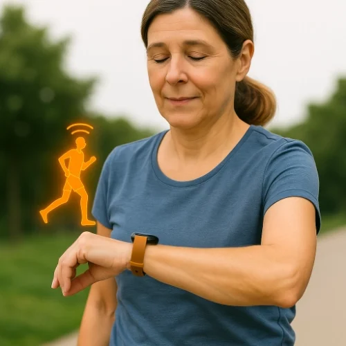 Les technologies connectées : un soutien au service du mouvement Une femme d’âge mûr, en tenue de sport, consulte sa montre connectée pendant une séance de marche. Une icône orange de coureur s’affiche au-dessus de son poignet, symbolisant le suivi numérique de l’activité physique.