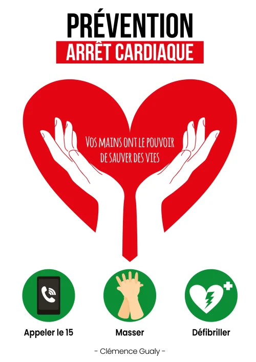 Prévention de l’arrêt cardiaque : les gestes qui sauvent selon Clémence Gualy Affiche de prévention de l’arrêt cardiaque créée par Clémence Gualy, avec un cœur rouge, deux mains ouvertes et le message "Vos mains ont le pouvoir de sauver des vies".